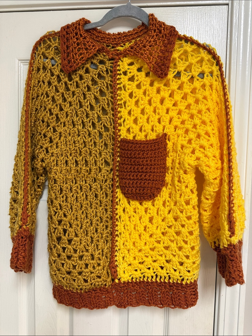 Handmade Crocheted Colorblock Sweater - Mustard, Yellow & Rust